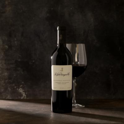 Single bottle of red wine with a wine glass behind the bottle against a dark gray background.